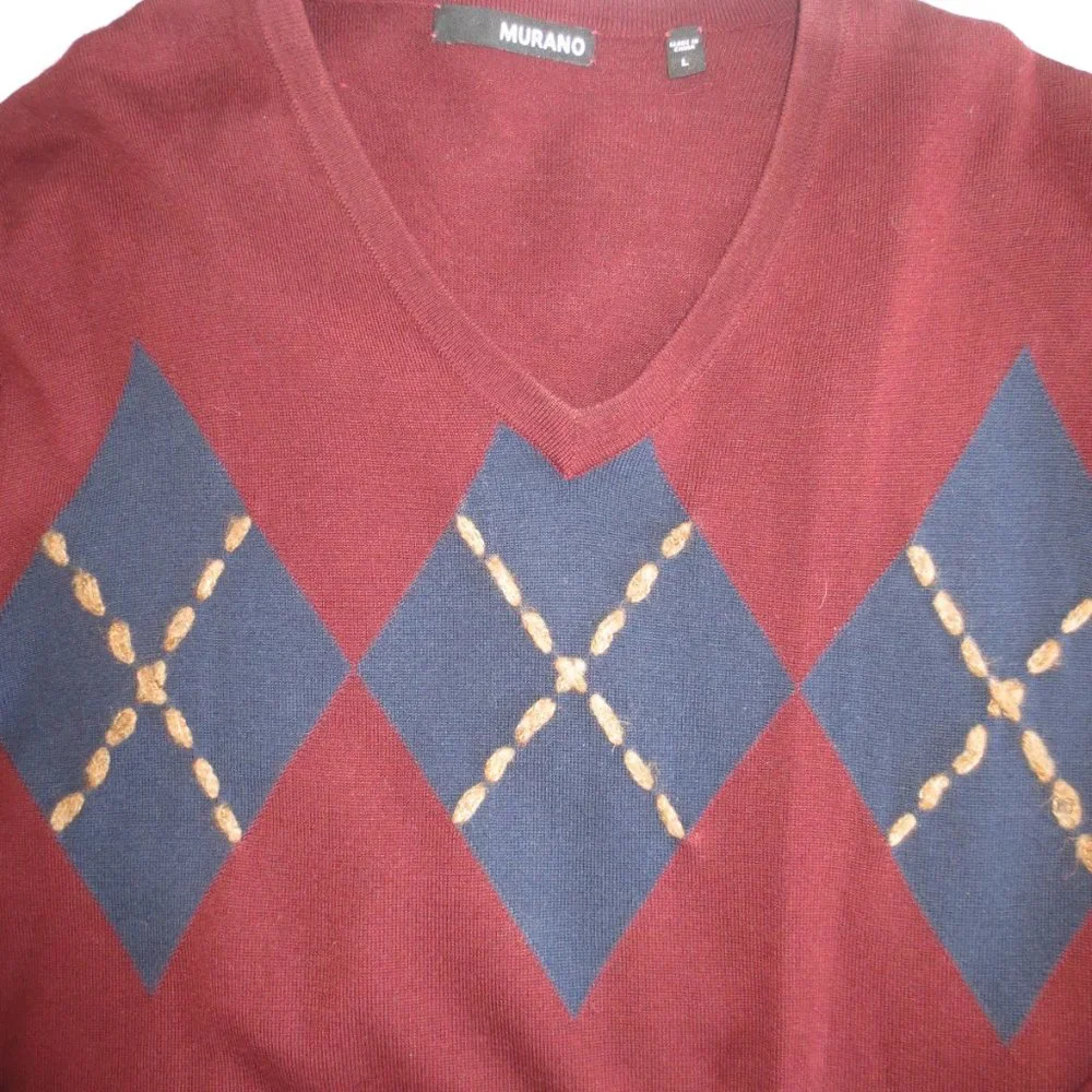 4/$14 SALE MURANO mens ARGYLE sweater V-NECK burgundy MARROON SIZE Large